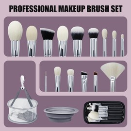 JILIER 15Pcs Professional Goat Hair Makeup Brushes Set with Drying Net & Cleaning Bowl – Natural Makeup Brushes for Eyeshadow, Face & Travel – Premium Eye & Face Brush Set for Flawless Application