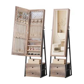 Nicetree Jewelry Cabinet Armoire with 2 Drawers, Lockable Standing Jewelry Mirror Cabinet, Full Length Mirror with Jewelry Storage, Jewelry Organizer with Light, Toasted Oak