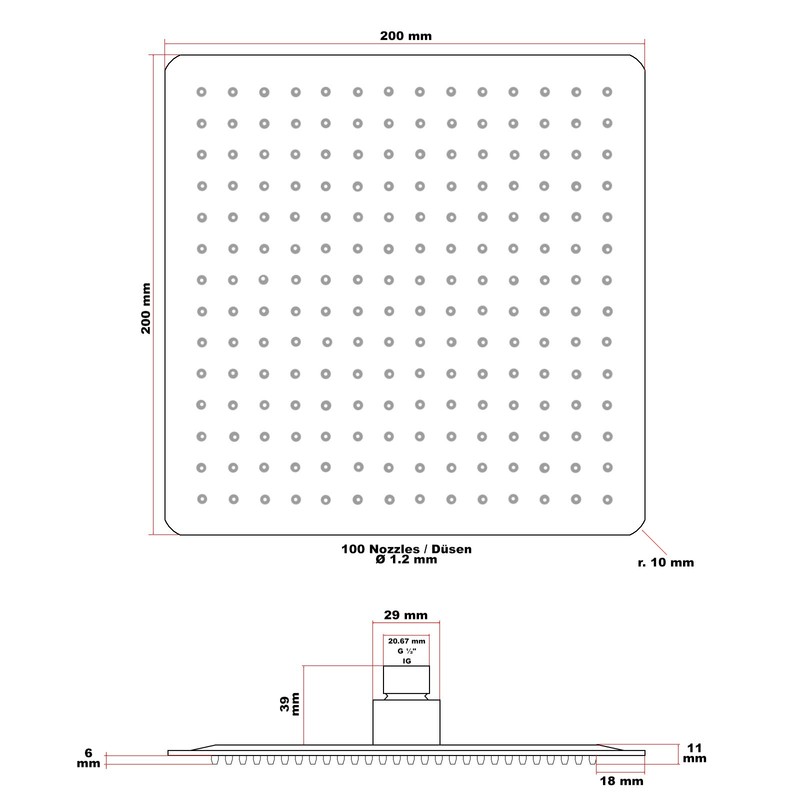 Wiltec Rain Shower Head Square 20 x 20 cm Stainless