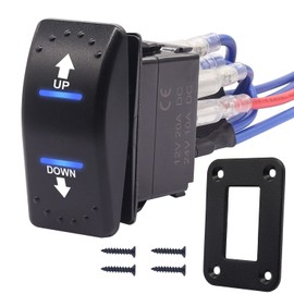 mxuteuk Polarity Reversing Momentary Rocker Switch 12V 20A DC Motor Control Toggle Switch 7Pin Up/Down Blue LED Winch in/out Switch with Aluminium Plate Screw Pigtail Wire DE-K-053-M-BU-XB