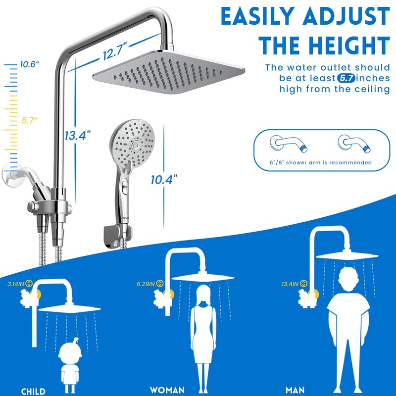 Ryamen Dual Shower Head Combo, 8'' High Pressure Rain Shower