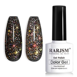 RARJSM Reflective Glitter Gel Polish Black Sequins Sparkling Glitter Iridescent Shimmer Gel Disco Glitter Gel Sparkle Diamond Gel Polish Holographic Gel Soak off Nail Art Design Salon DIY at Home