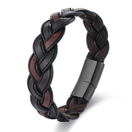 BIYONGDE Handmade Brown Braided Leather Bangle Bracelet, Black Stainless Steel Clasp, Mens Stylish