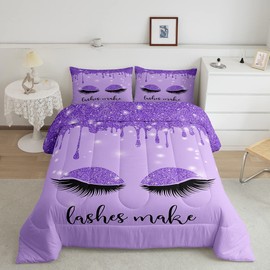 Smiling Eyelashes Princess Girly Comforter Set Twin Size,Glitter Dreamy Bedding Set 2pcs for Kids Girls Adults Room Decor,Purple Gradient Glitter Quilt Set,Romantic Cute Duvet Insert,1 Pillowcase