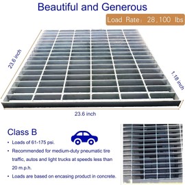 DuuMuut Galvanized Steel Drain Grate 24x24 in, B-Class 28100 lbs Heavy-Duty Driveway Channel Cover, Outdoor Trench Drainage Grate, Silver Square Metal Sewer Cover for Garage (True 23.6x23.6)