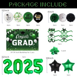 Green Black Graduation Decorations 2025 - Graduation Latex Balloons with Congrats GRAD Backdrop Banner, 2025 Number Balloons, Paper Pom Poms for College Celebrations Graduations Party Supplies