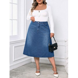 Milumia Women's Plus Size Jean Midi Skirt High Waisted A Line Denim Skirts Casual, Blue, 4X-Large Plus