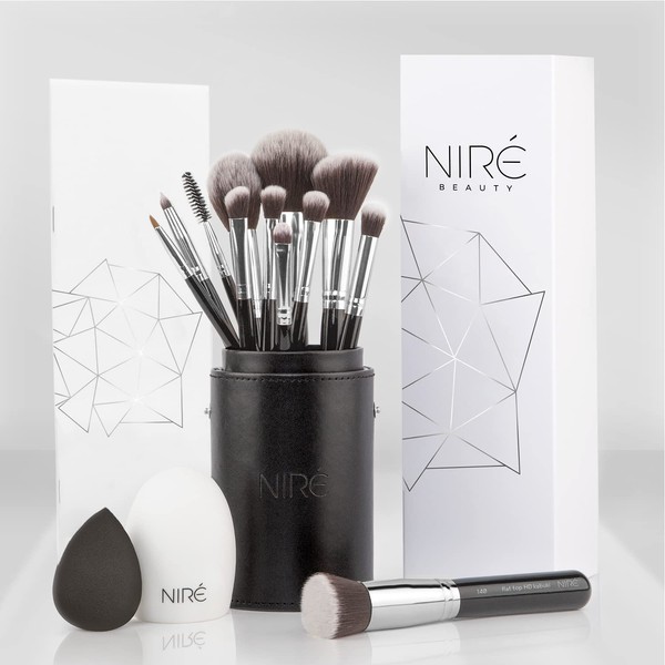 Niré Beauty Artistry Makeup Brush Set, Vegan Brushes in a Stylish Case with Niré Beauty Blender and Brush Cleaner