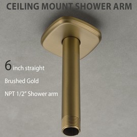 HOMYEP Shower Arm with Flange 6 Inch Straight Shower Arm for Ceiling Mount Rainfall Shower Head, Male to Male NPT 1/2 Inch Extension Arm, Round, Brushed Gold