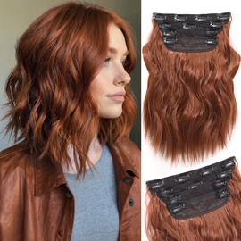 Auburn Hair Extensions Clip ins for Women Cooper Red Clip in Hair Extensions 4PCS 10 Inch Short Curly Wavy Thick Syntheitc Hairpieces