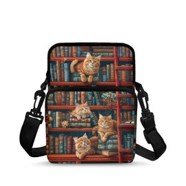 TSOVTHRID Brown Cats Books Print Crossbody Bags, 2 Layer Small Sling Bag Travel Satchel Bag Messenger Sling Bags for Women Girls, 9.1 x 6.5 x 2.76 Inches