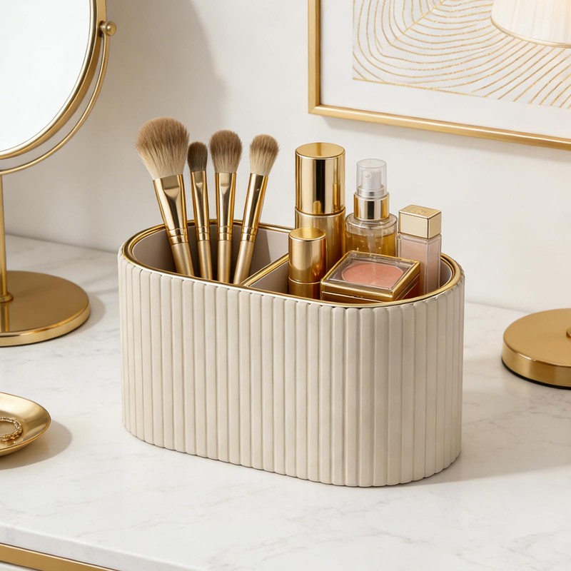 KINGFOM Makeup Brush Holder Organizer with Divider, PU Leather Vanity