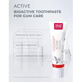 Splat Active Professional Range Toothpaste promotion of healthy gums, Vitamins A,E help soft oral tissue, Sp, White System gently whitens and polishes tooth enamel. 100ml