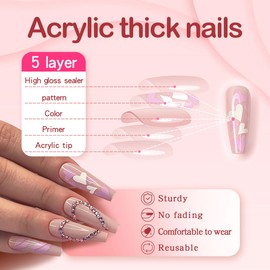 Yivaiks Valentines Day Pink Long Press on Nails Coffin False Nails Press ons Fake Nails With Designs Rhinestone Heart Glue on Nails Long Artificial Nails 24pcs