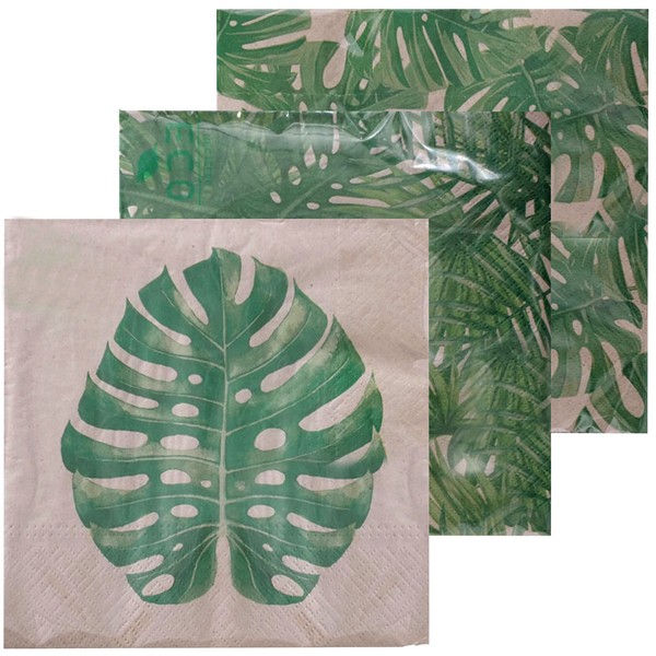 60 Count Tropical Leaf Napkins, 3 Packs of 20, 3 Ply Paper, Luncheon Size, 6.75 x 6.75 Inches, Botanical Palm Monstera Patterns
