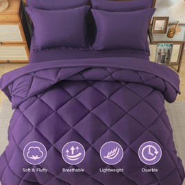 Cosybay Bed in a Bag King Comforter Sets 7pcs All Season Solid Down Alternative Bedding Sets Purple with Comforter, Pillow Shams, Flat Sheet, Fitted Sheet and Pillowcases