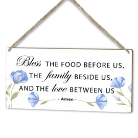 Bless the Food Before Us Sign, Christian Wood Door Hanging Plaque Decor, Religion Home Farmhouse Rustic Watercolor Flower Dining Room Shelf Decor Wooden Sign, Wall Art Decor Kitchen Idea Gift-55