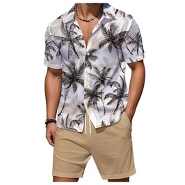 WDIRARA Men's Hawaiian Matching Set Summer Beach 2 Piece Outfits Tropical print Shirts and Shorts, Khaki Plants, Medium