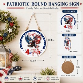 4th of July Door Sign, Patriotic Round Hanging Wooden Wall Decor American Flag Bow, Independence Day Front Porch Home Decoration, Happy 250th Anniversary, Red White Blue Sign, 10.2 x 10.2 Inches
