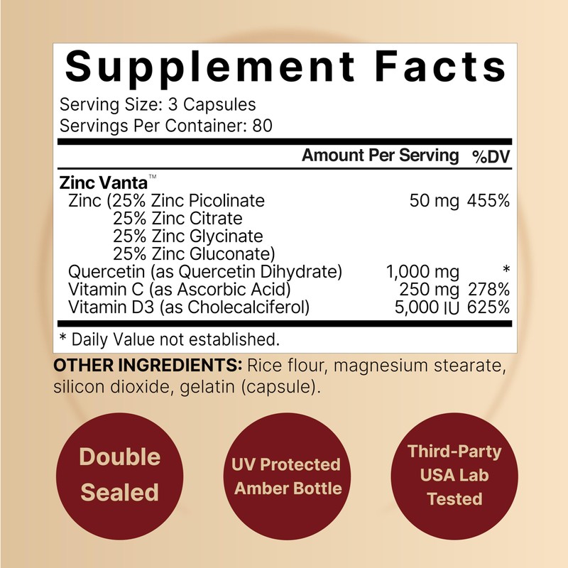 NatureBell Zinc Quercetin with Vitamin C & D3, 480 Capsules