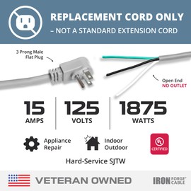 Iron Forge Cable Flat Plug 14 Gauge Power Cord Replacement - 6ft,15 Amp Gray Heavy Duty, 14/3 SJT 3 Prong Cable for Appliances & Power Tools