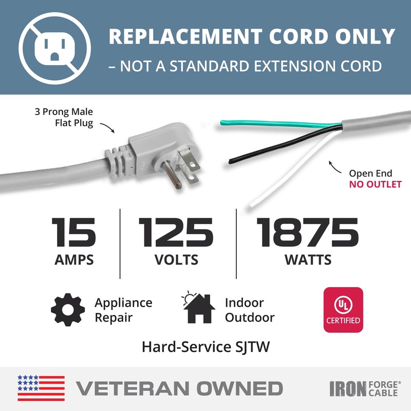 Iron Forge Cable Flat Plug 14 Gauge Power Cord Replacement