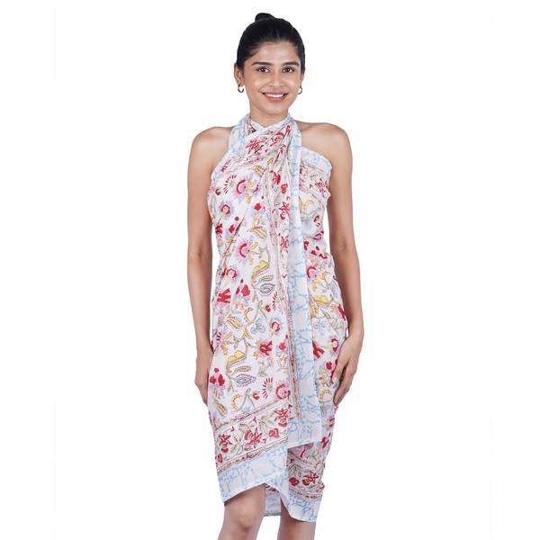 Block Print Sarong Beach Cover Up (Pink Red Wildflowers)