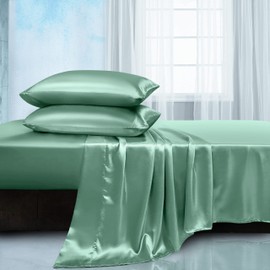 Manyshofu Satin Twin Sheets Set 3 Piece - Soft Silky Satin Sheets Set, Sage Green Satin Bed Sheets Cooling & Luxury Bedding Sheet Set(1 Satin Fitted Sheet, 1 Satin Flat Sheet, 1 Satin Pillow case)
