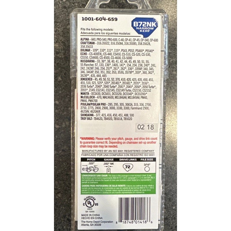 Powercare Semi Chisel Chainsaw Chain Narrow Kerf B72 18" 1001-604-659