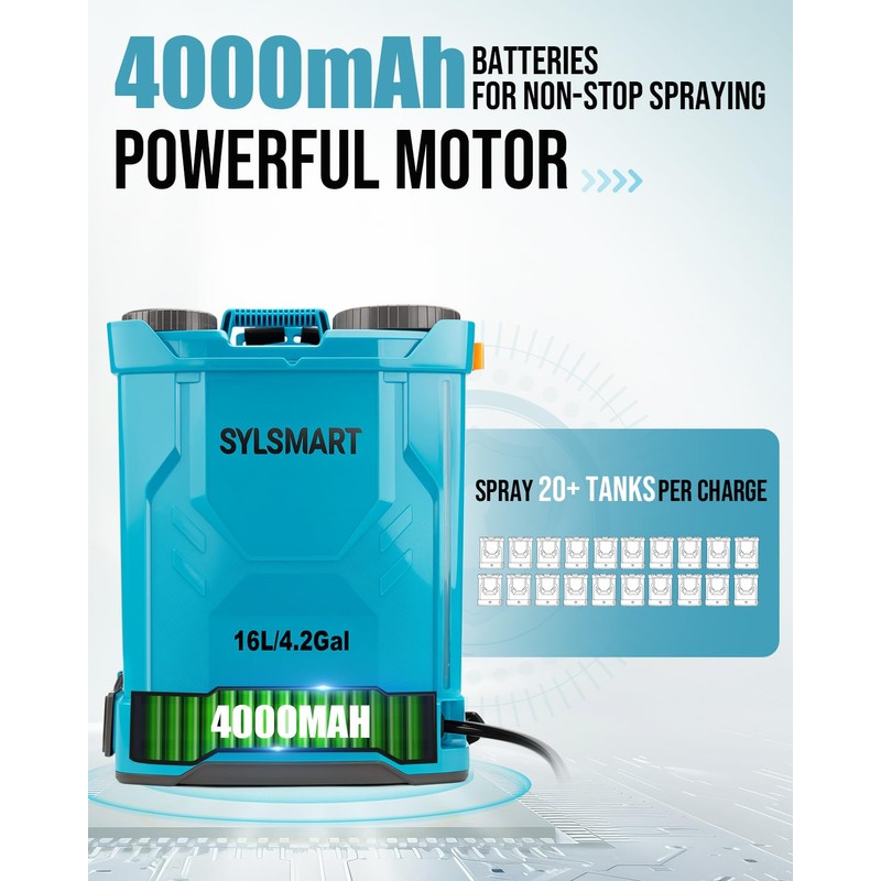 Sylsmart Battery Powered Backpack Sprayer 4 Gallon, 120PSI Adjustable Pressure