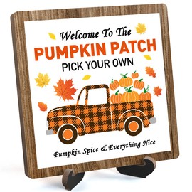 Fall Quote Desk Sign, Welcome To The Pumpkin Patch Wooden Plaque Sign With Stand, Thanksgiving Gifts for Women Men Friends Family, Autumn Sign Desk Decor for Farmhouse Home Office Table Shelf (5x5