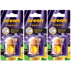Areon Fresco Auto Duft Patchouli Lavendel Vanille Violett Glas Duftflakon Flakon Holz Hängend Anhänger Spiegel 4ml (Pack x 3)