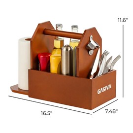 Grill Caddy for Outdoor Grill with Paper Towel Holder, Wooden BBQ Organizer for Utensils, Plates, Condiments and Silverware Rustic Picnic Table Caddy for Camping, Backyard Cooking and BBQ Accessories