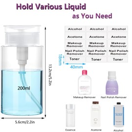 Push Down Pump Dispenser, 6.8oz Clear Pump Bottles with Alcohol, Acetone, Nail Polish Remover, Makeup Remover, Toner Stickers Empty Push Top Container for Liquid (200ml-2Pack)