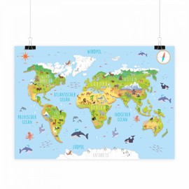 nikima Children's World Map 3D in 3 Sizes A3 / A2 / A1 Poster Animals Earth Wall Picture Children's Room Beautiful Wall Decoration Continents Cute Animals - A1-841 x 594 mm
