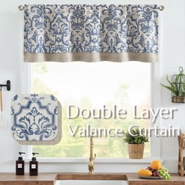 jinchan Linen Valance Curtain for Kitchen Vintage Damask Floral Blackout Valance Double Layer Small Window Curtain for Living Room Bedroom Bathroom 18 Inch Rod Pocket 1 Panel Dark Blue on Beige
