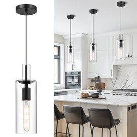 AUTELO Black Pendant Lights, 1-Light Pendant Lights Kitchen Island, Modern Hanging Lights in Black Metal Finish with Clear Glass, Glass Kitchen Pendant Lighting Over Island, H3875 BK-M