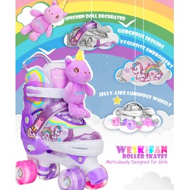Unicorn Doll Kids Toddler Roller Skates for Girls,WESKIFAN Quad Skating Shoes With Shiny Light up Wheels&Adjustable Sizes Beginners rollerskates for Birthday Xmas Gifts,Patines para Niñas Niños