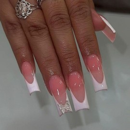 QQPPOLIU Long Press on Nails with Butterfly Design Fake Nails White French Tip Glue on Nails Pink Full Cover Acrylic Nails for Women 24pcs