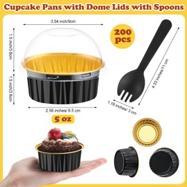 Gandeer 200 Pack Cupcake Liners with Dome Lids and Spoons,5 oz Round Aluminum Foil Baking Cup,Disposable Tart Pie Ramekin,Mini Cupcake Wrappers Muffin Tins for Wedding Birthday Party (Black,Gold)