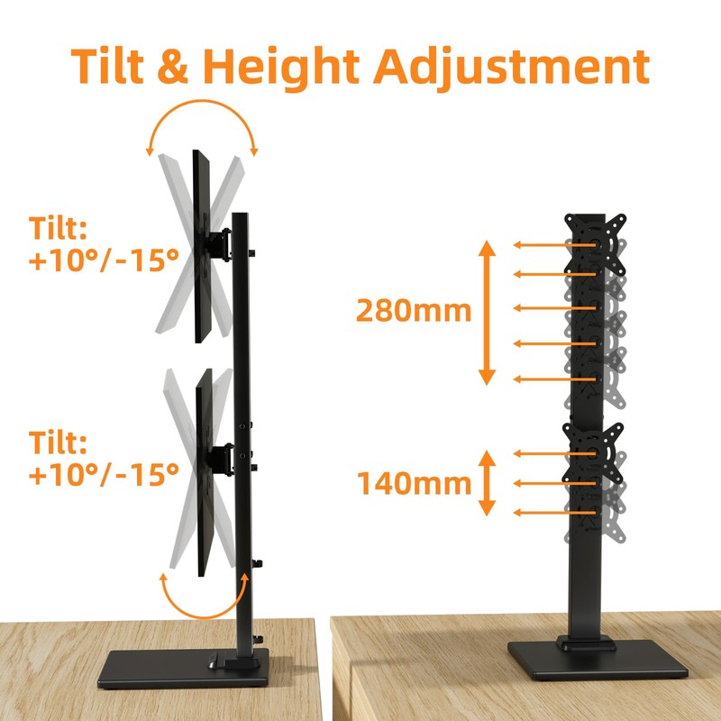 Suptek Dual Monitor Stand with Base- Vertical Stack Screen Free-Standing