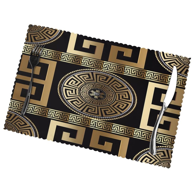 Retro Black Gold Greek Key Meander Luxury Placemats for Dining