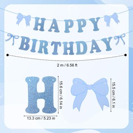 Gosknor Bow Birthday Party Decorations, Blue Coquette Happy Birthday Banner with Bow Hanging Swirls Glitter Bowknot Garland for Girls Women Baby Shower Party Decor Supplies