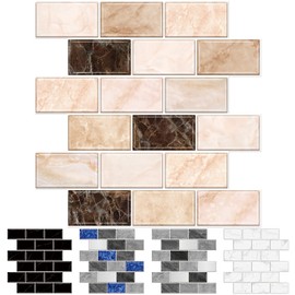 URCOLOR 10-Sheet Peel and Stick Backsplash Subway Tile for Kitchen,12"x12" Self Adhesive Wall Tiles Sticker on Back Splashes for Bathroom Yellow Brown Marble Design