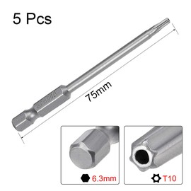 TA-VIGOR 5Pcs T10 Torx Head Screwdriver Bits 1/4 Inch Hex Shank, 75mm Long Magnetic Tamper Proof Star S2 Steel Security Torx Bits with Hole for Impact Driver Drill Bits Hand Tools