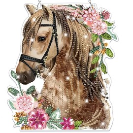 BOWETILE Horse Hanging Diamond Art Painting Kits for Adults Beginners, 5D Special Shape Flower Diamond Art Pendent Kits, Crystal Rhinestones Diamond Gem Art Painting for Home Garden Wall Decor