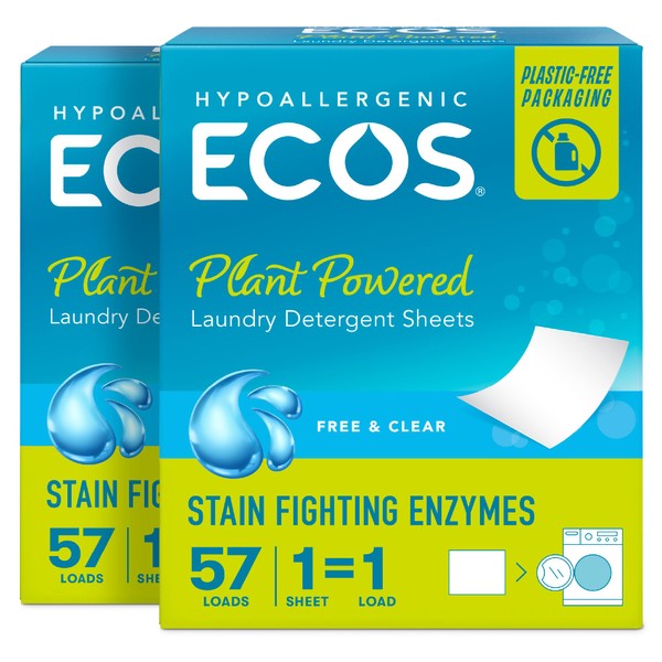 ECOS Laundry Detergent Sheets Vegan, No Plastic Jug, No Mess & Liquid Free - Laundry Sheets in Washer - Hypoallergenic, Plant Powered Laundry Detergent Sheets - Free & Clear 57 Count(Pack of 2)