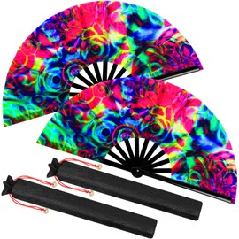 Boao 2 Pcs Large Rave Folding Hand Fans for Men Women Festival Fan Chinese Foldable UV Glow Fan with Bags for Line Dancing, Kungfu, Music Festival Party, Disco, Performance(Disco Bass)