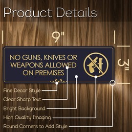 No Guns Knives Or Weapons Allowed On Premises - Laser Engraved Sign - 3"x9" - .050 Black and Gold Plastic