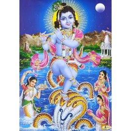 Crafts of India Fluting Bal Krishna dancing on Serpent Kalia Poster/Reprint Hindu Goddess Picture with Glitter (Unframed : Size 5"X7" inches)